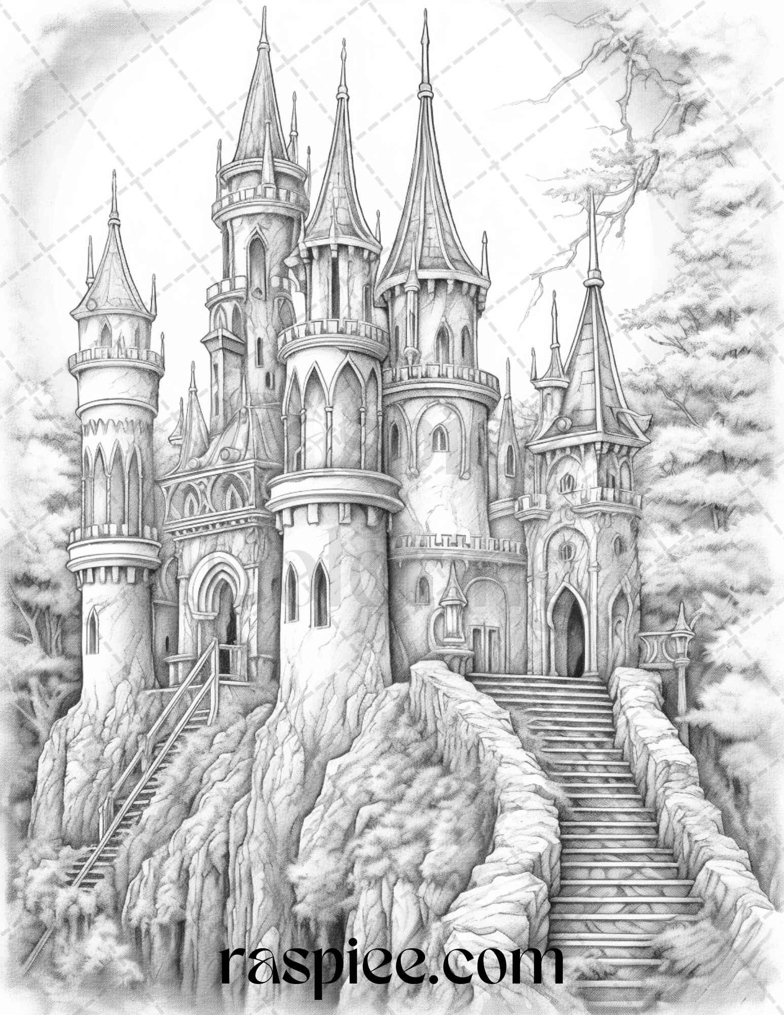 50 Haunted Castles Grayscale Coloring Pages Printable, Halloween Coloring Book, PDF File Instant Download