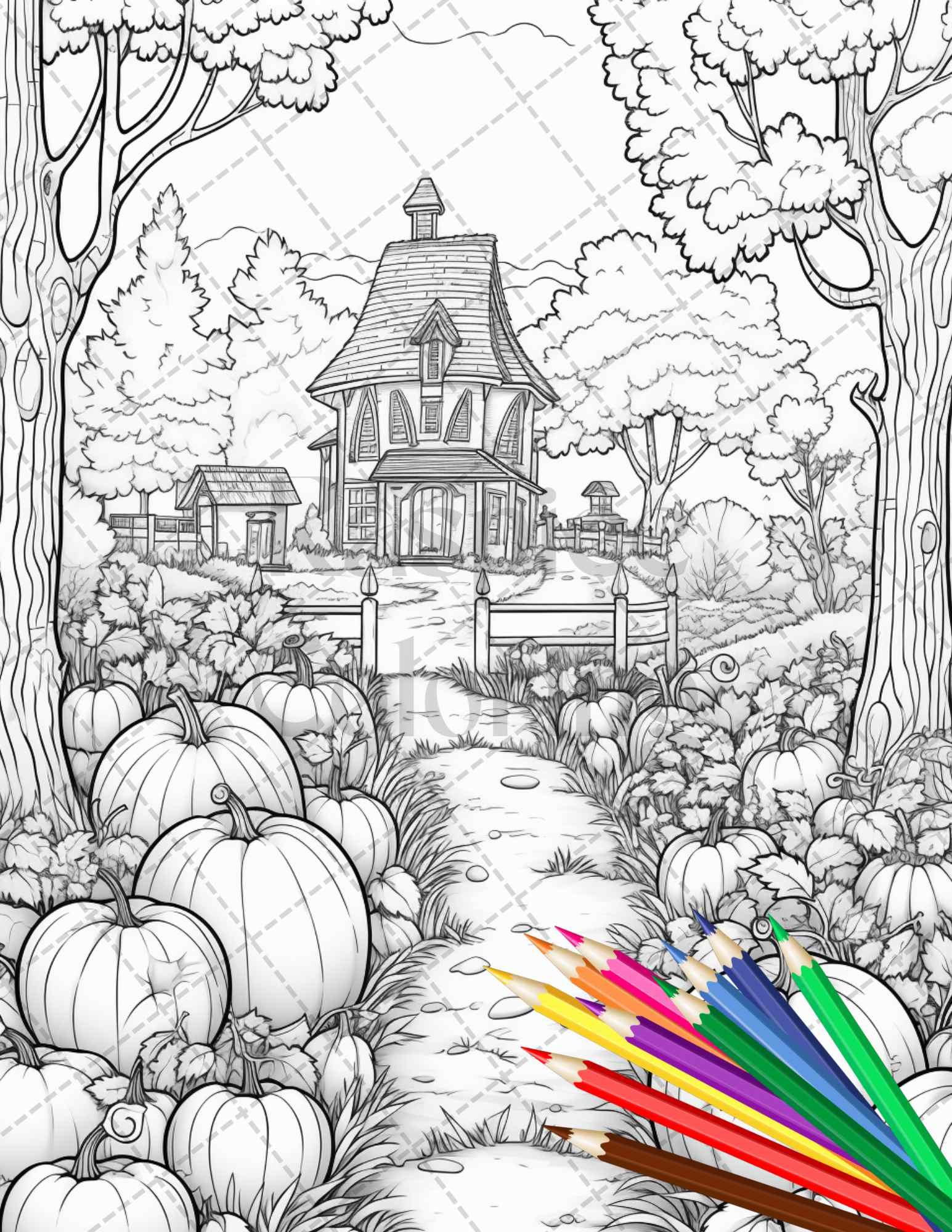 Pumpkin Garden Scenery Grayscale Coloring Pages Printable for Adults, PDF File Instant Download