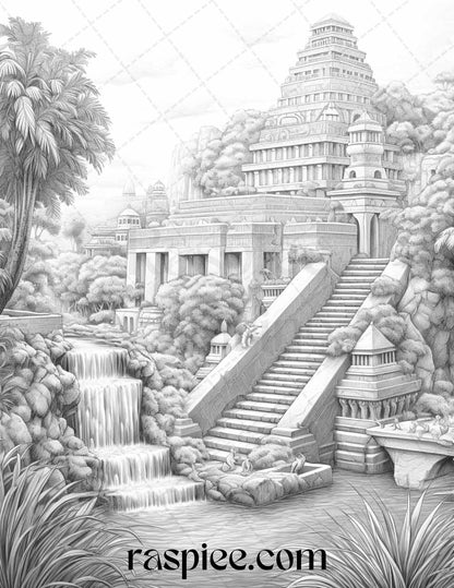 Hanging Gardens of Babylon Grayscale Coloring Pages Printable, PDF File Instant Download