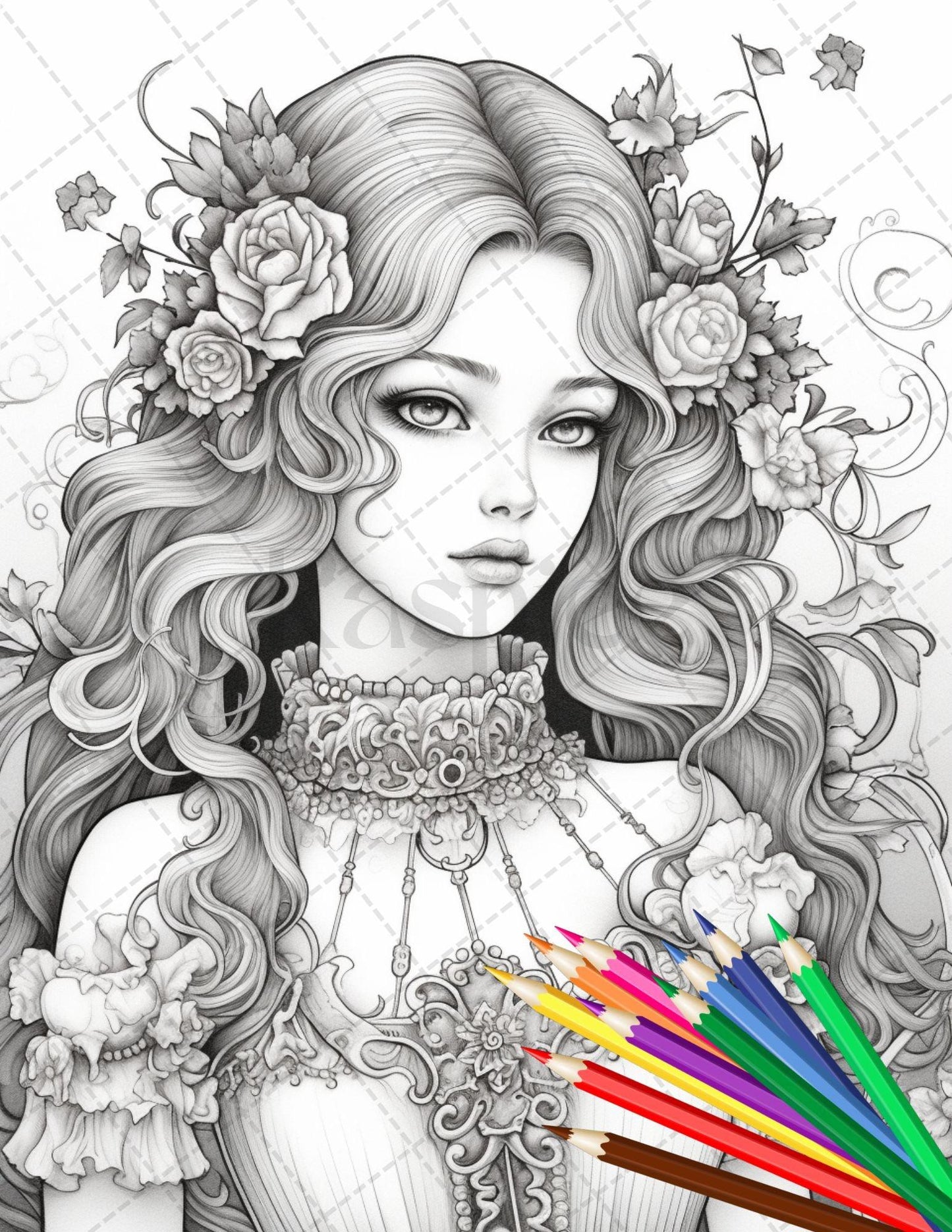 36 Beautiful Victorian Girls Coloring Pages Printable for Adults, Grayscale Coloring Page, PDF File Instant Download