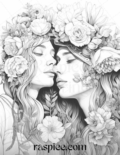 50 Romantic Couple Flowers Grayscale Coloring Pages Printable for Adults, PDF File Instant Download