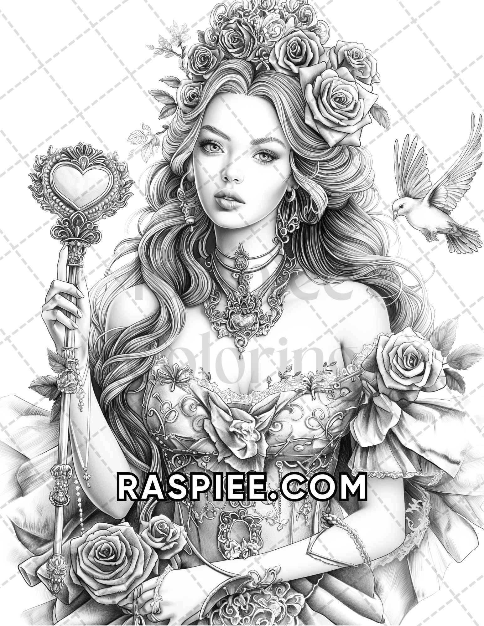 60 Fantasy Beauties Grayscale Adult Coloring Pages Printable PDF Instant Download