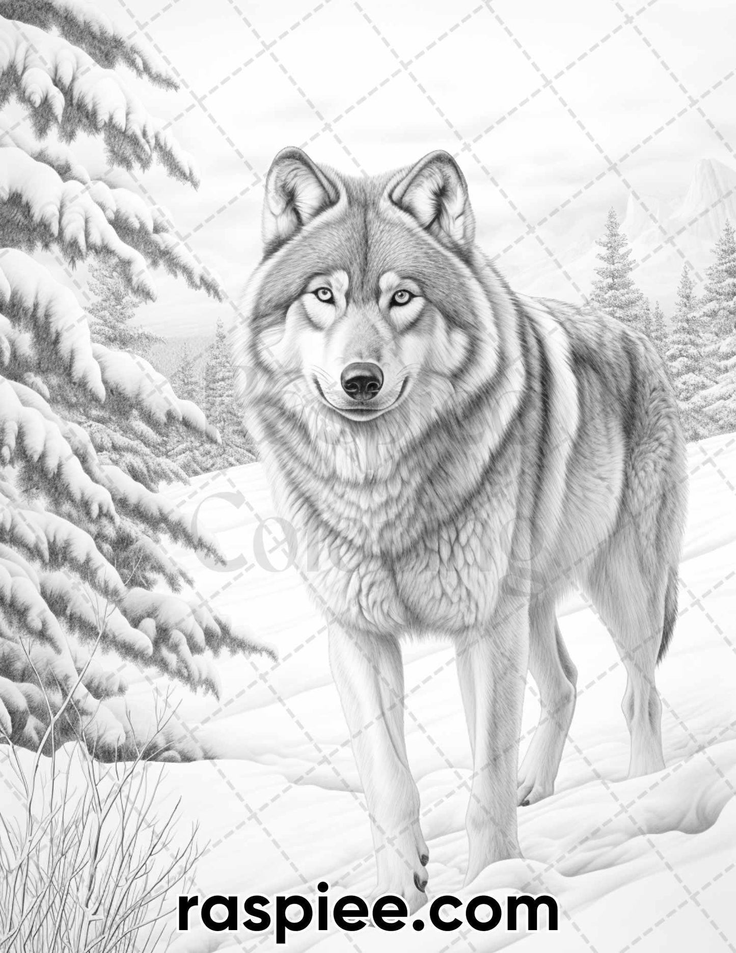 50 Winter Wolf Grayscale Coloring Pages for Adults, Printable PDF Instant Download