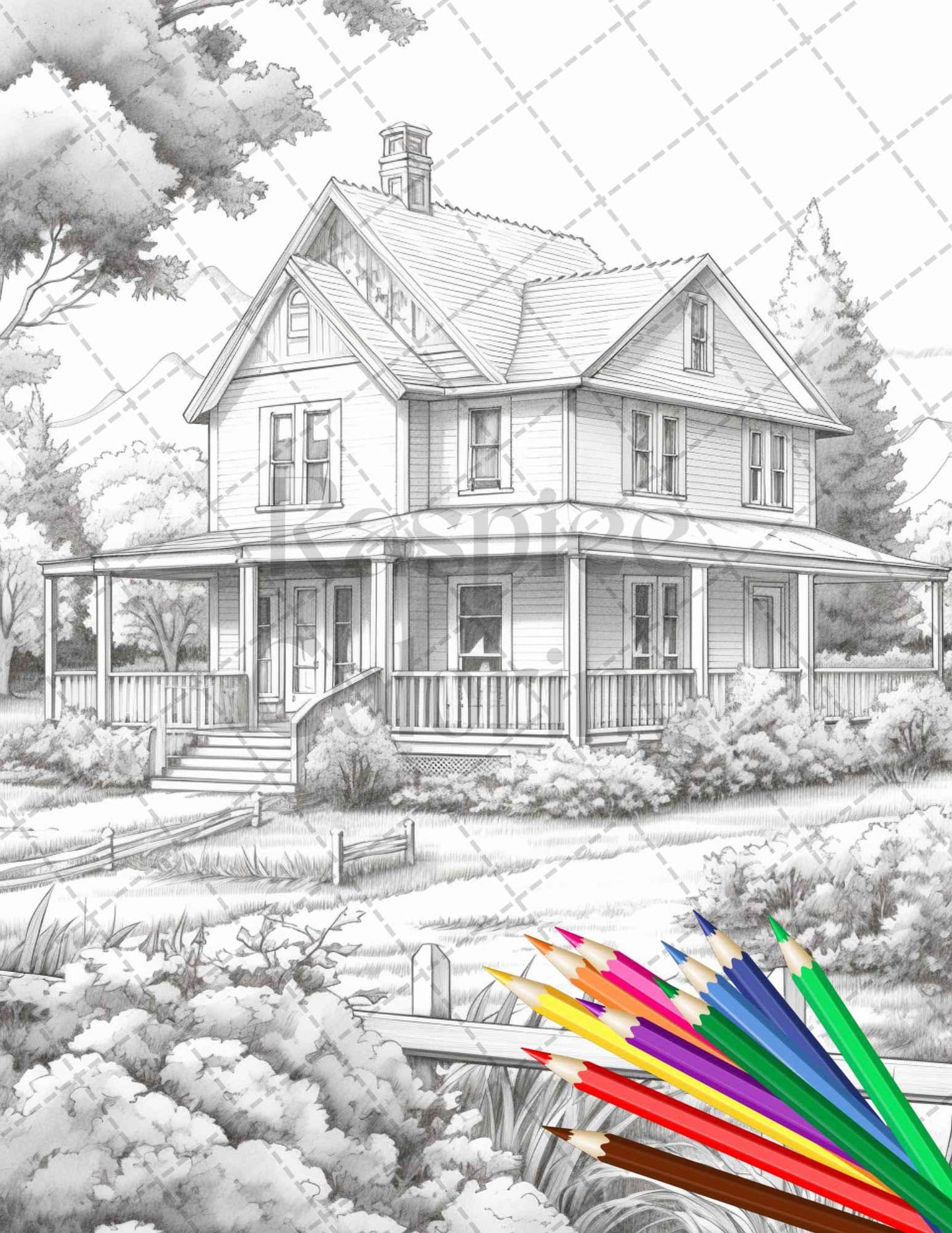 Charming Farmhouse Scenery Grayscale Coloring Pages Printable for Adults, PDF File Instant Download