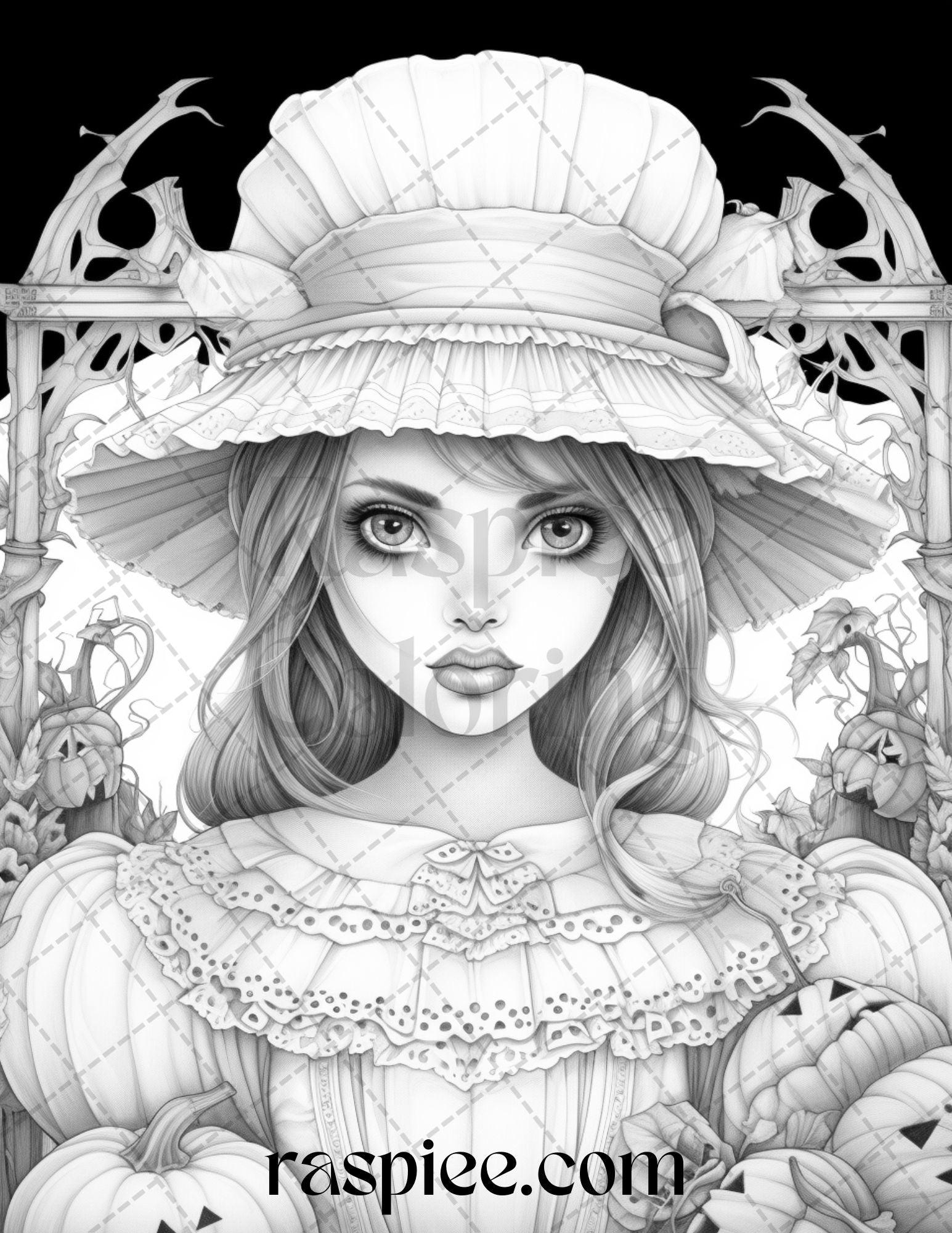 55 Halloween Girls Grayscale Coloring Pages Printable for Adults, PDF File Instant Download