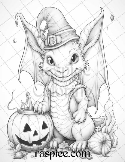 50 Cute Pumpkin Dragons Graycale Coloring Pages for Adults and Kids, Printable PDF File Instant Download
