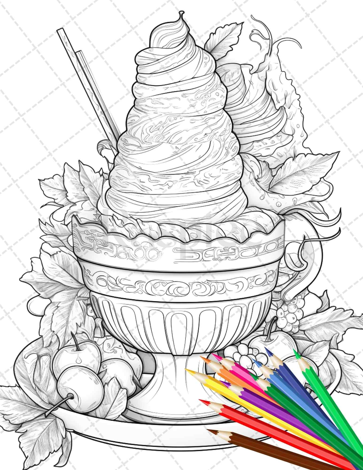 52 Printable Ice Cream Desserts Coloring Pages for Adults and Kids, Grayscale Coloring Page, PDF File Instant Download