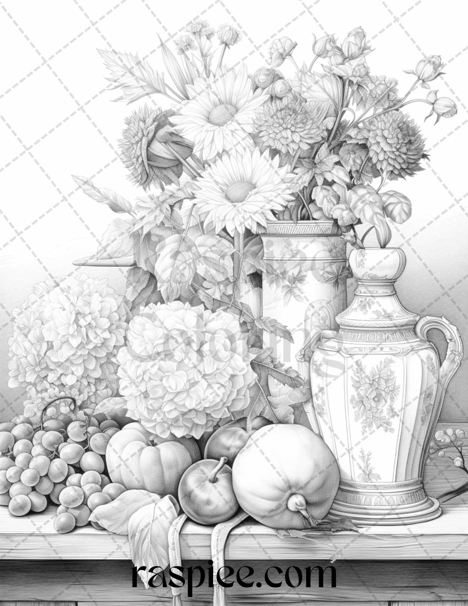52 Still Life Grayscale Coloring Pages Printable for Adults, PDF File Instant Download