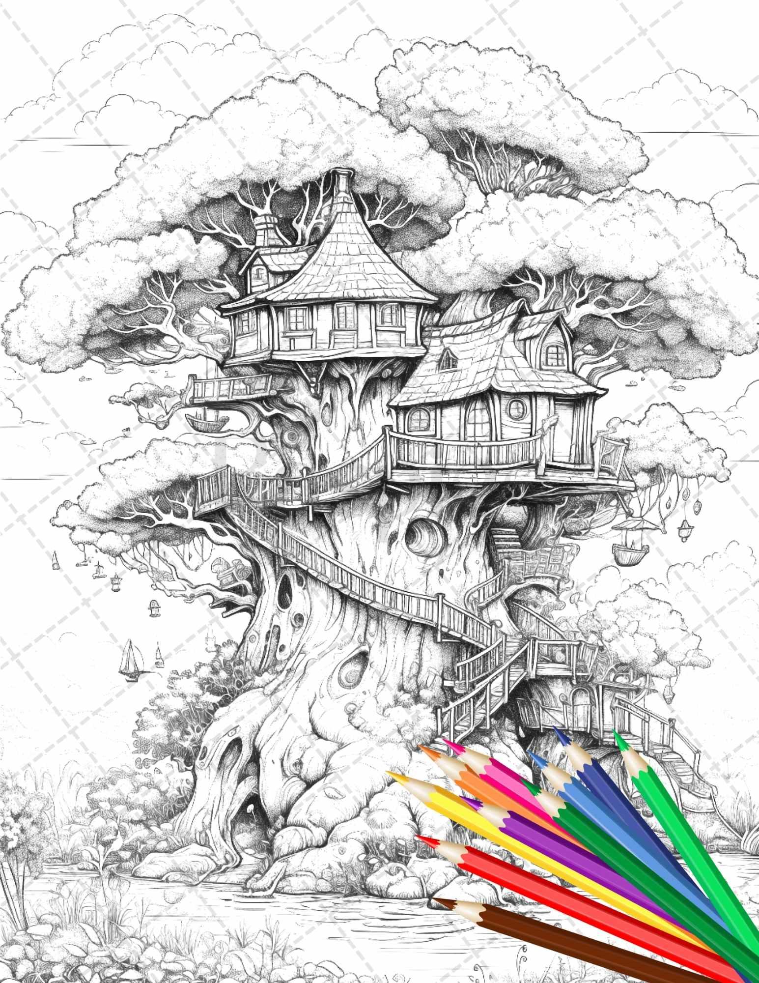110 Enchanted Treehouse Coloring Book Printable for Adults, Grayscale Coloring Page, PDF File Instant Download