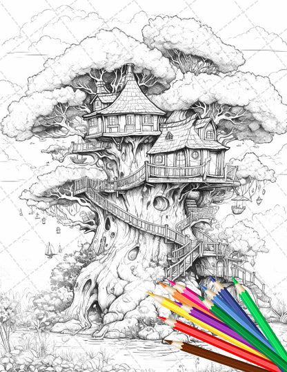 110 Enchanted Treehouse Coloring Book Printable for Adults, Grayscale Coloring Page, PDF File Instant Download
