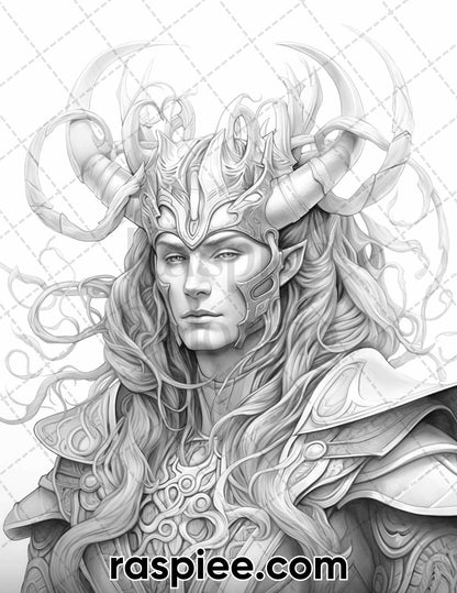 52 Mythology Gods Grayscale Coloring Pages for Adults, Printable PDF Instant Download