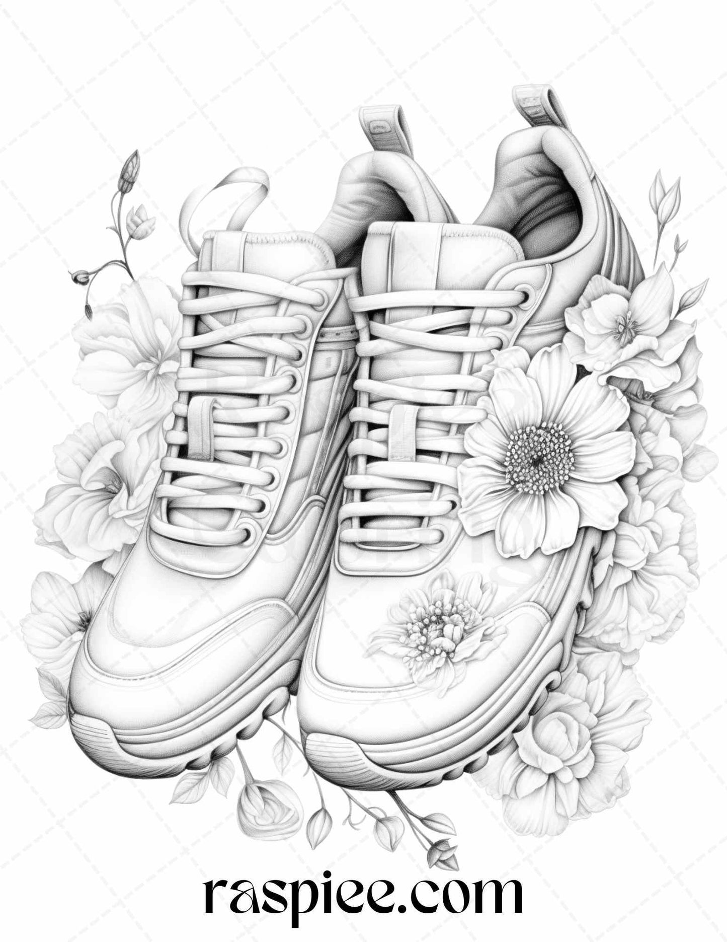 40 Flower Sneakers Grayscale Coloring Pages Printable for Adults, PDF File Instant Download