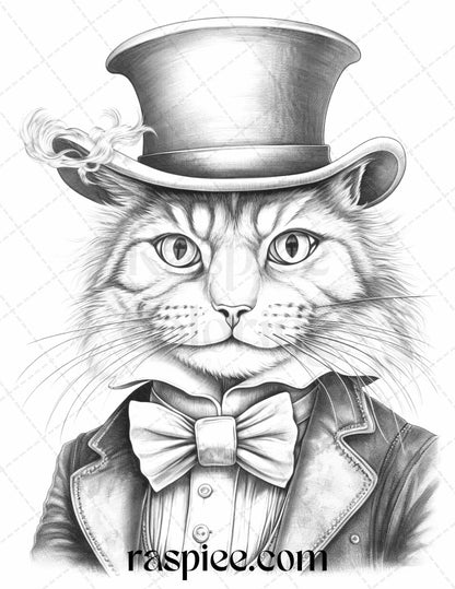 Gentleman Cat Grayscale Coloring Pages Printable for Adults Kids, PDF File Instant Download