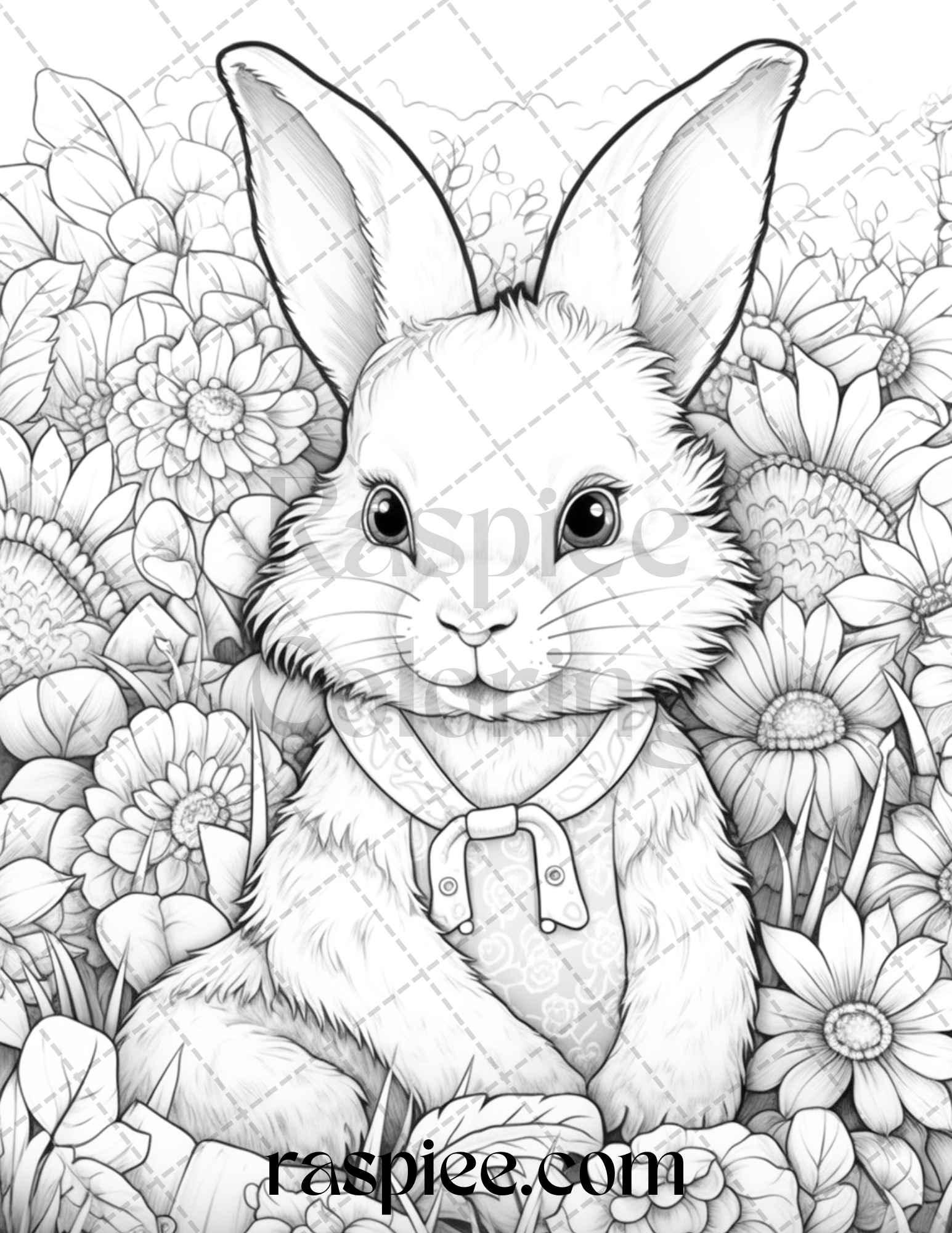 50 Rabbit Garden Grayscale Coloring Pages Printable for Adults, PDF File Instant Download