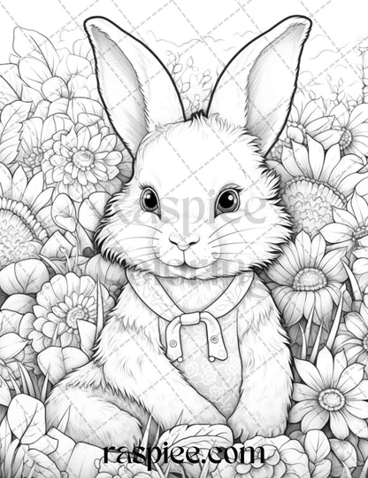 50 Rabbit Garden Grayscale Coloring Pages Printable for Adults, PDF File Instant Download