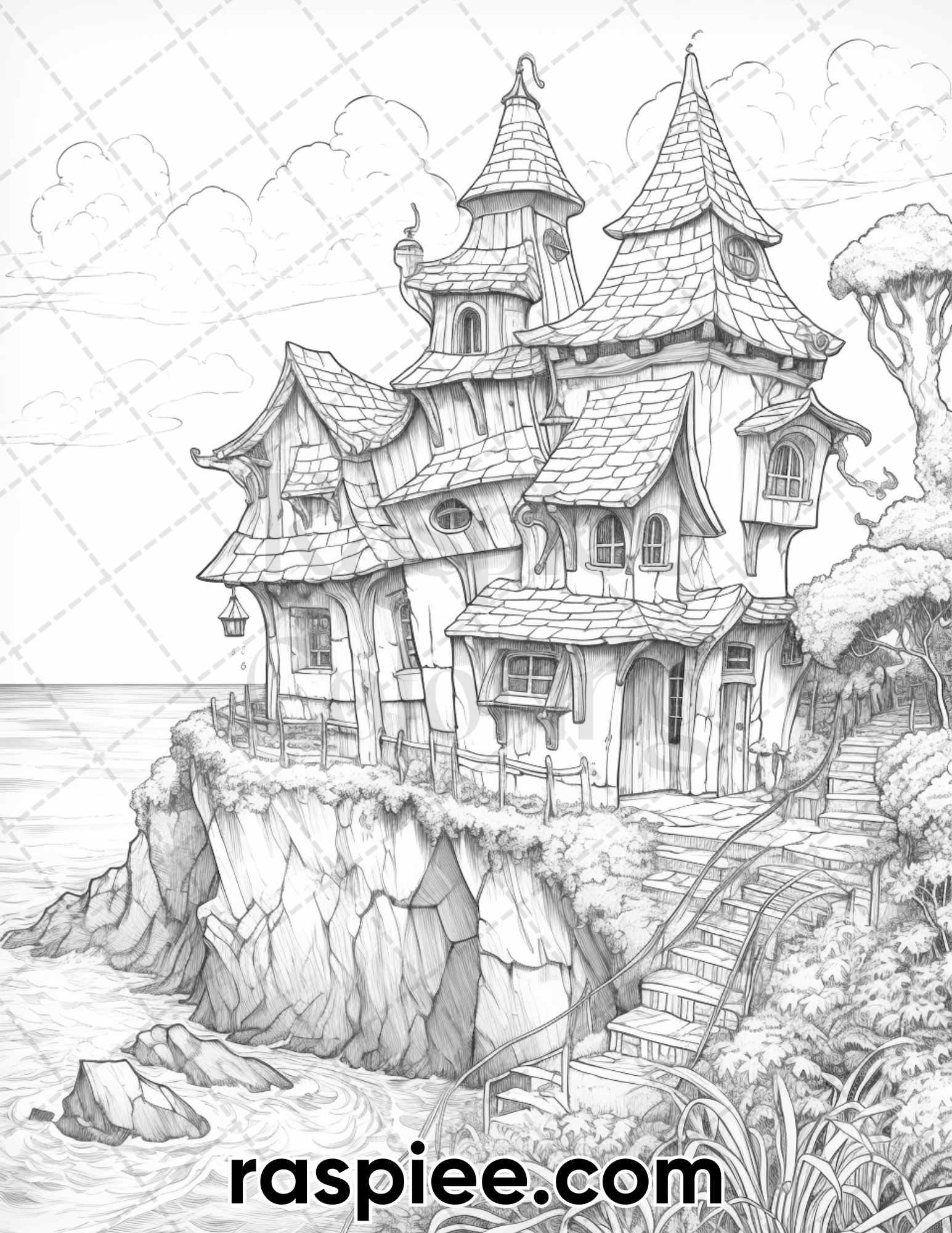 50 Fairy Beach Houses Grayscale Coloring Pages for Adults, Printable PDF Instant Download