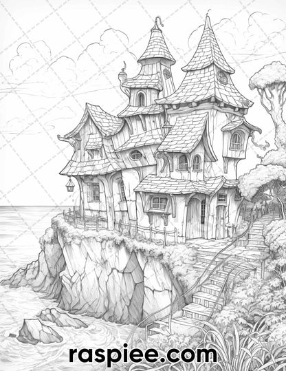 50 Fairy Beach Houses Grayscale Coloring Pages for Adults, Printable PDF Instant Download