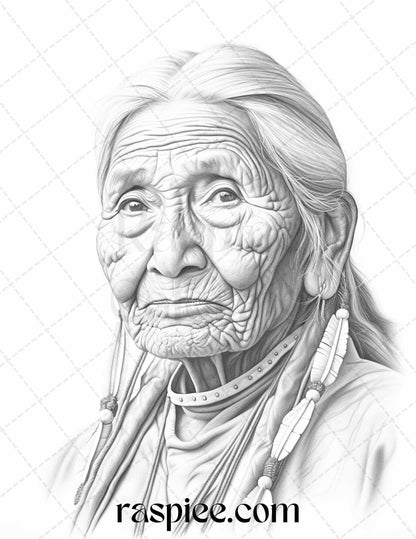 Native American Portrait Grayscale Coloring Pages Printable for Adults, PDF File Instant Download
