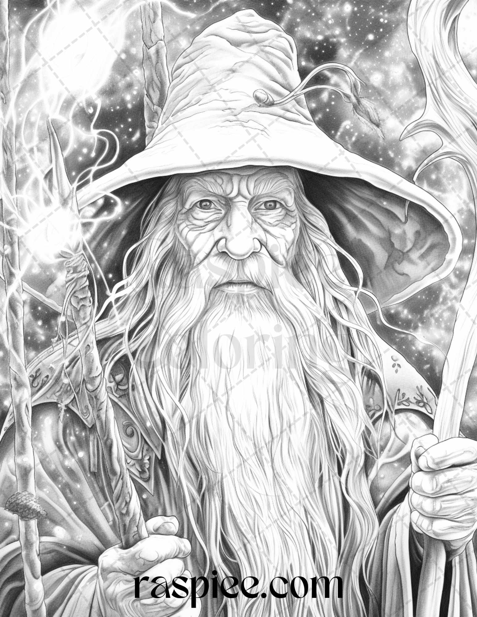 50 Magical Wizard Grayscale Coloring Pages for Adults, Printable PDF File Instant Download