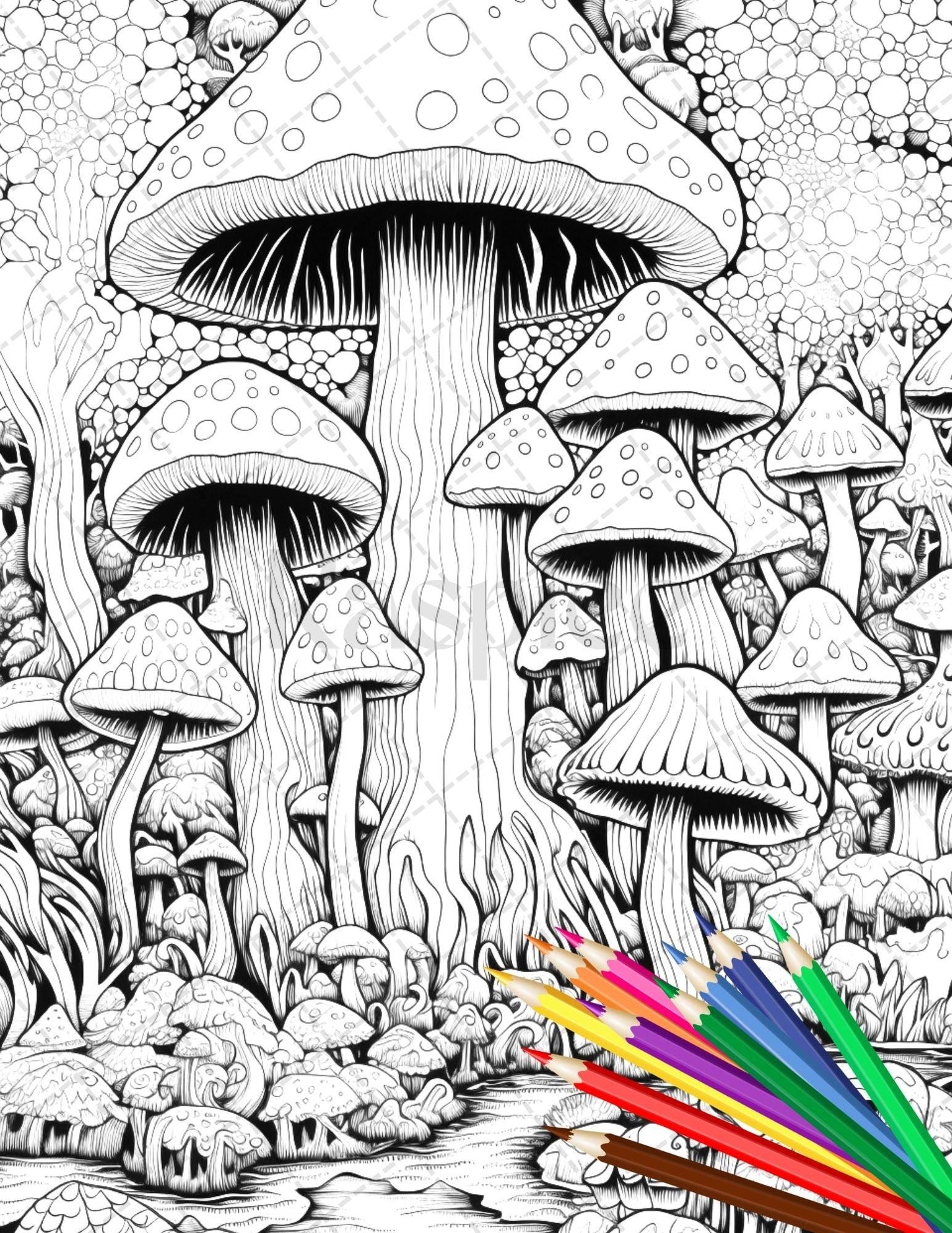 Psychedelic Mushroom Forest Coloring Book Printable for Adults, Trippy Grayscale Coloring Page, PDF File Instant Download