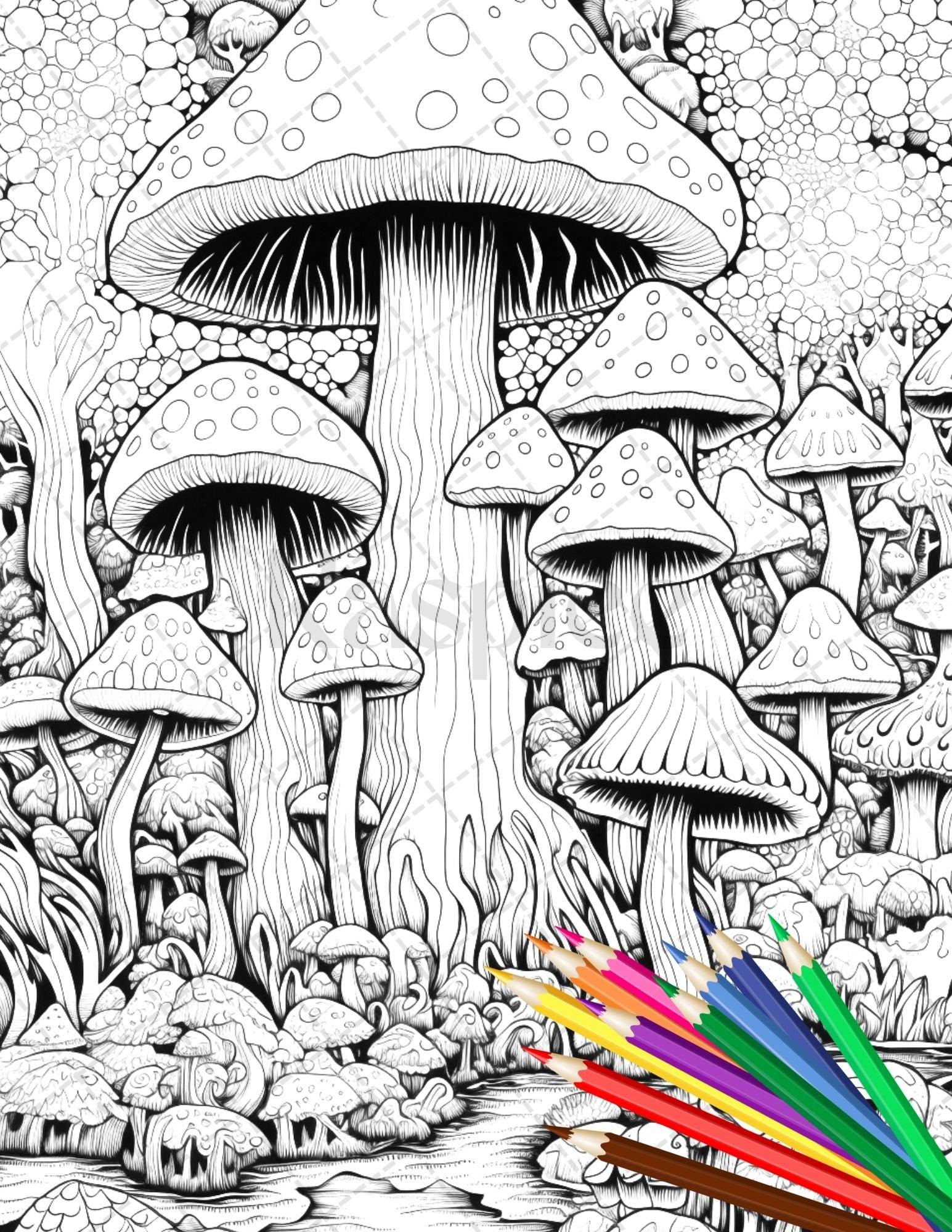 Psychedelic Mushroom Forest Coloring Book Printable for Adults, Trippy Grayscale Coloring Page, PDF File Instant Download
