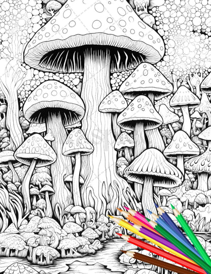 Psychedelic Mushroom Forest Coloring Book Printable for Adults, Trippy Grayscale Coloring Page, PDF File Instant Download
