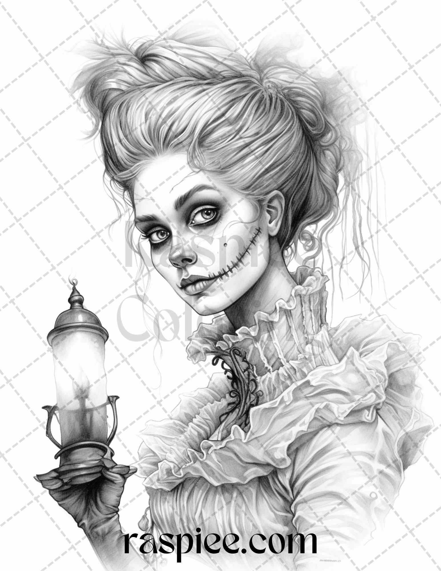 60 Halloween Victorian Era Grayscale Coloring Pages Printable for Adults, PDF File Instant Download