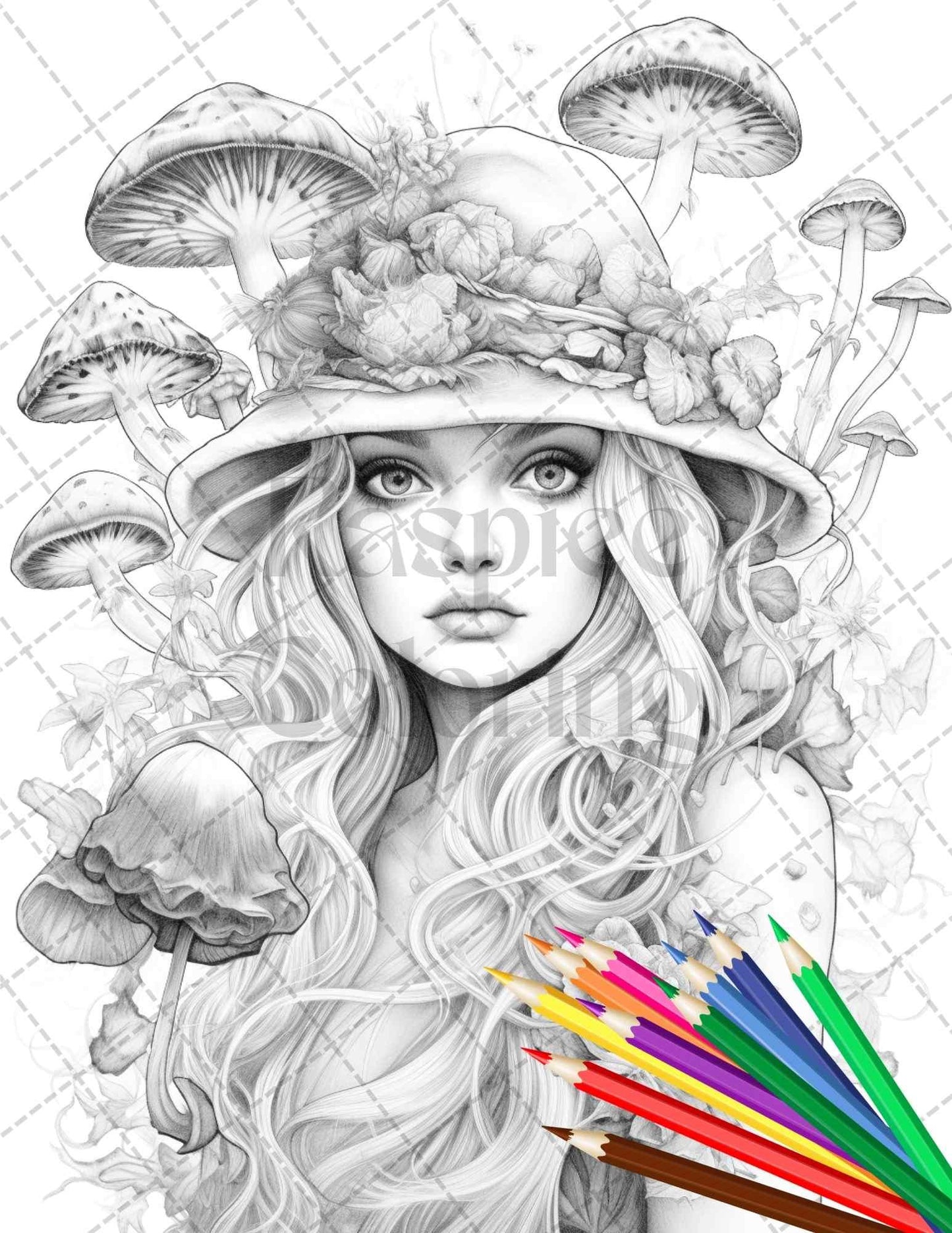 50 Mushroom Fairy Grayscale Coloring Pages Printable for Adults, PDF File Instant Download