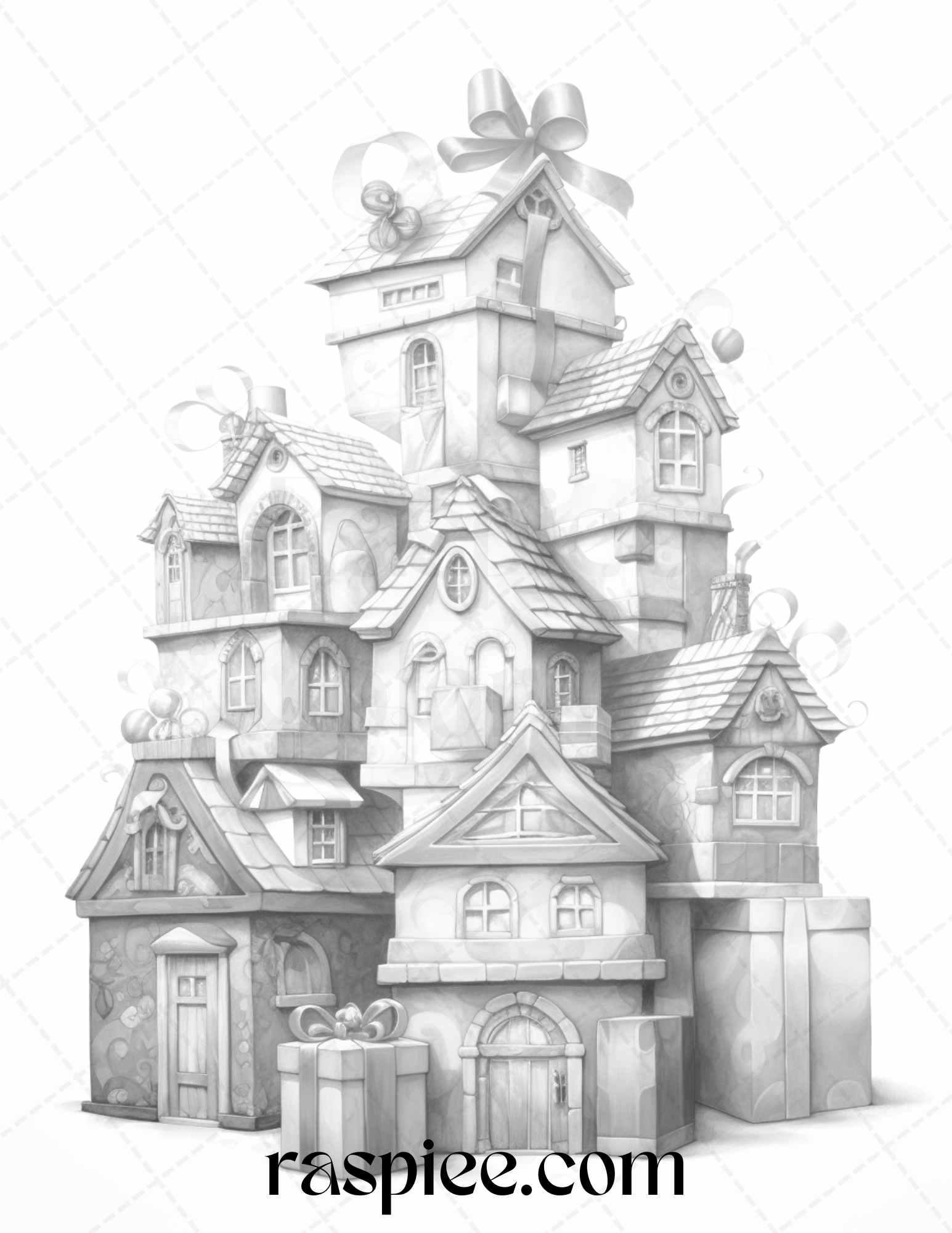 40 Adorable Gift Box Houses Grayscale Coloring Pages Printable for Adults Kids, PDF File Instant Download
