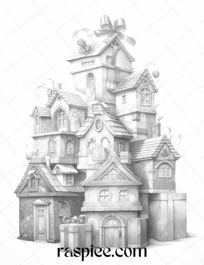 40 Adorable Gift Box Houses Grayscale Coloring Pages Printable for Adults Kids, PDF File Instant Download