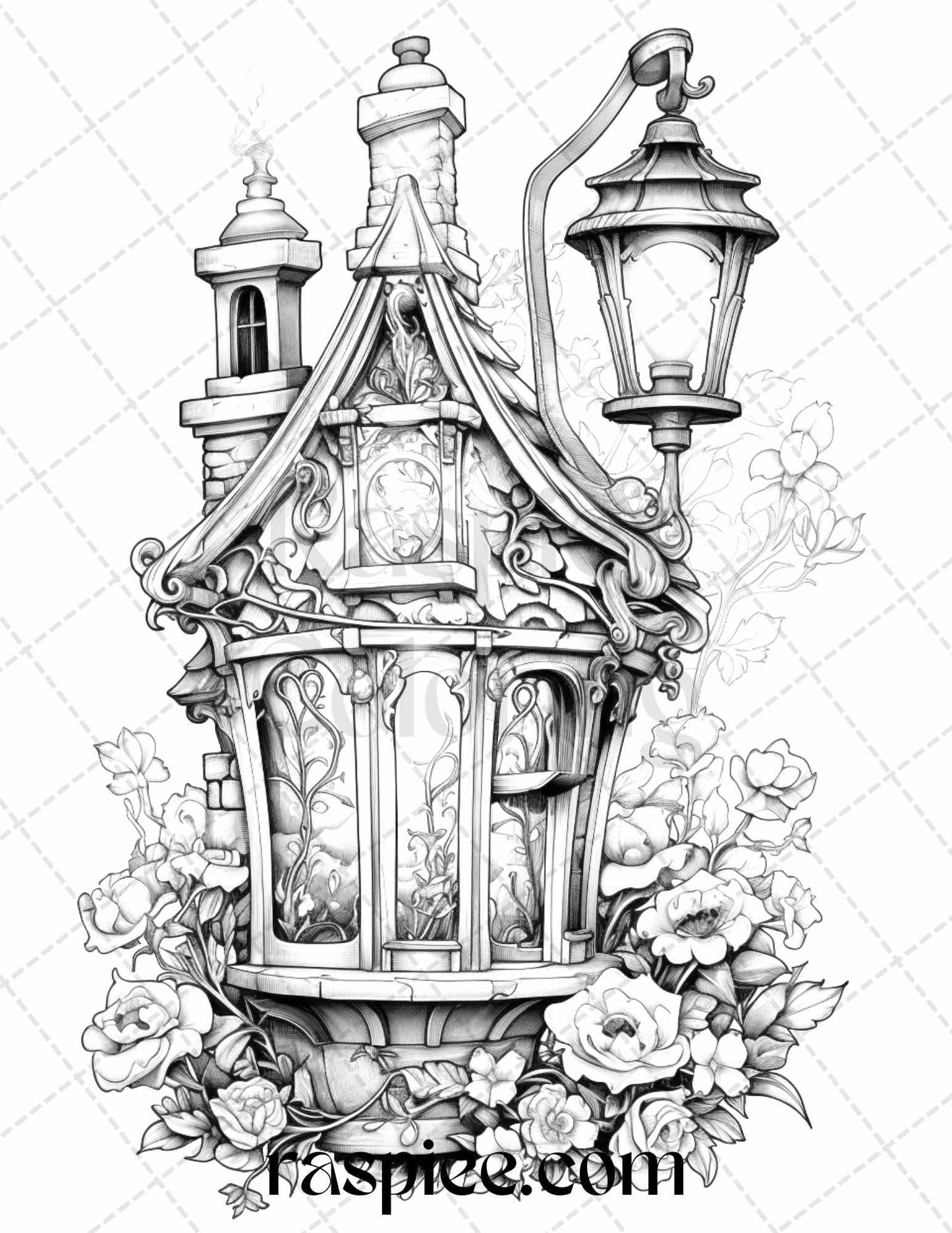50 Lantern Fairy Houses Grayscale Coloring Pages Printable for Adults, PDF File Instant Download