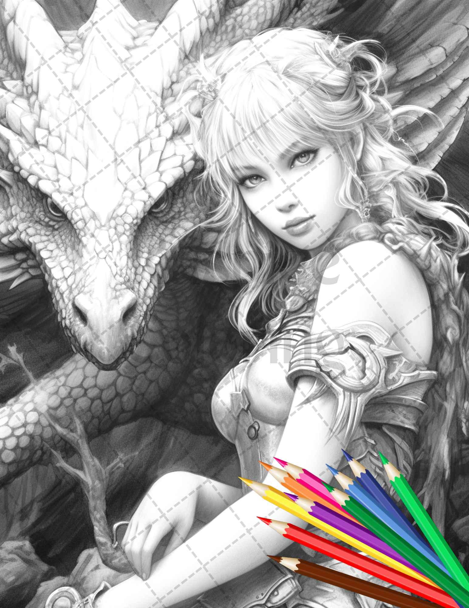 Enchanted Dragon Queens Grayscale Coloring Pages Printable for Adults, PDF File Instant Download