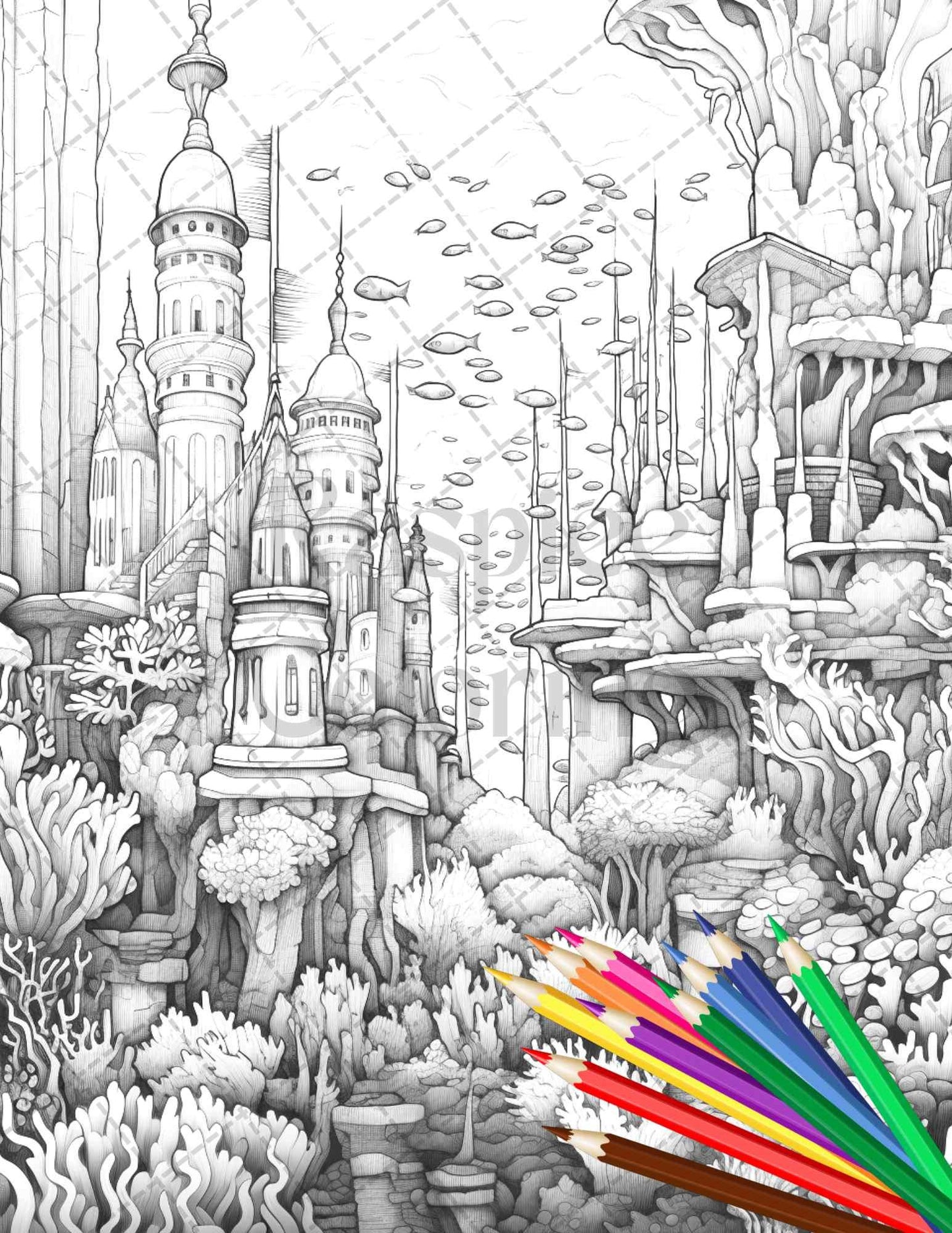 Enchanted Underwater City Grayscale Coloring Pages Printable for Adults, PDF File Instant Download