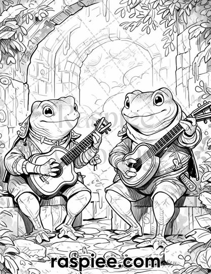 50 The Frog Kingdom Grayscale Coloring Pages for Adults, Printable PDF Instant Download