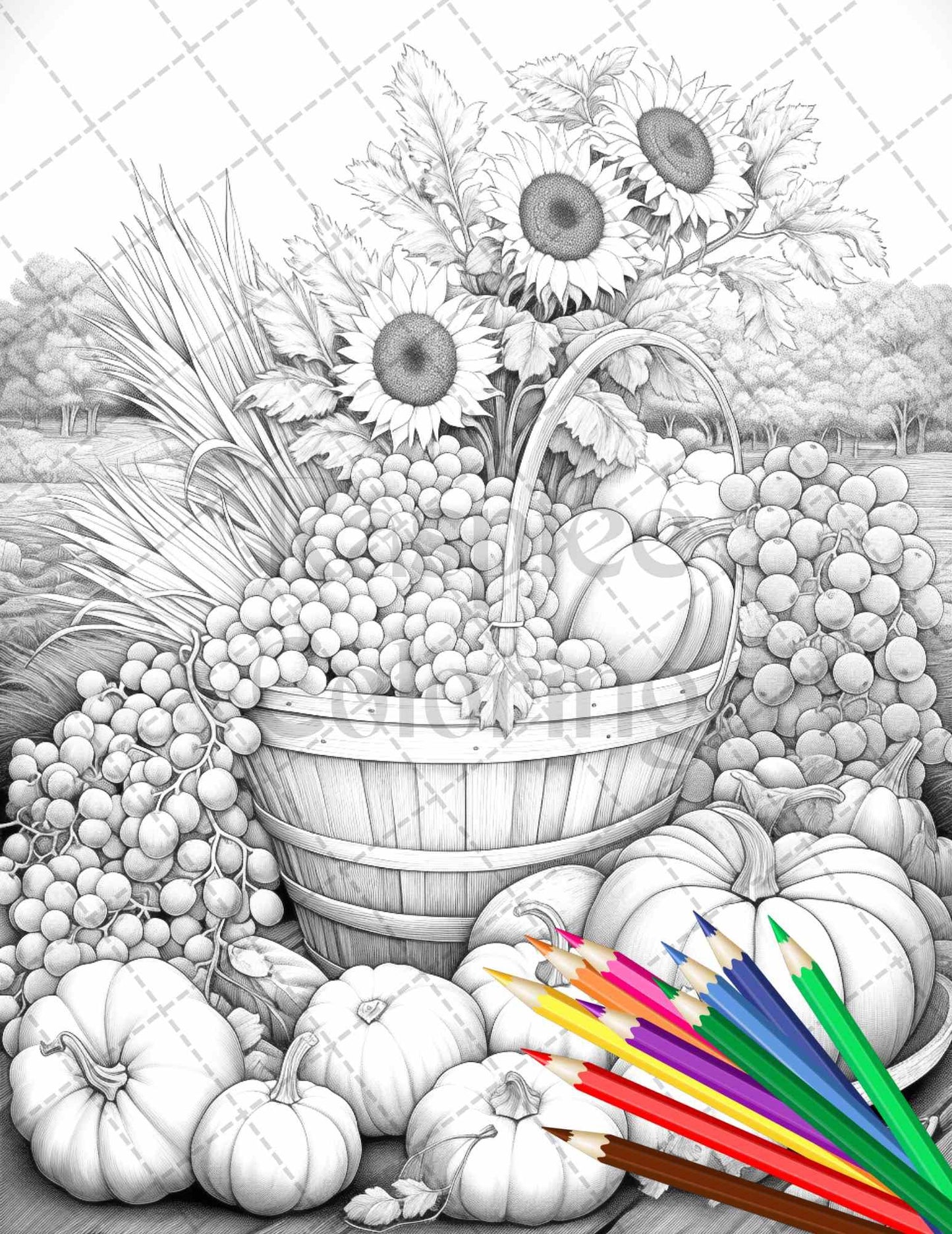 Autumn Harvest Grayscale Coloring Pages Printable for Adults, Relaxing Fall Themed Art, PDF File Instant Download
