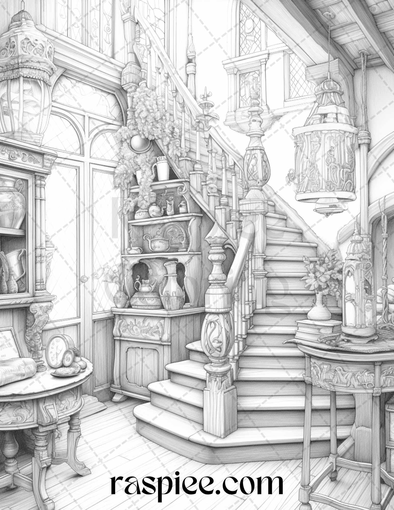 Fantasy Interior Grayscale Coloring Pages for Adults, Printable PDF File Instant Download
