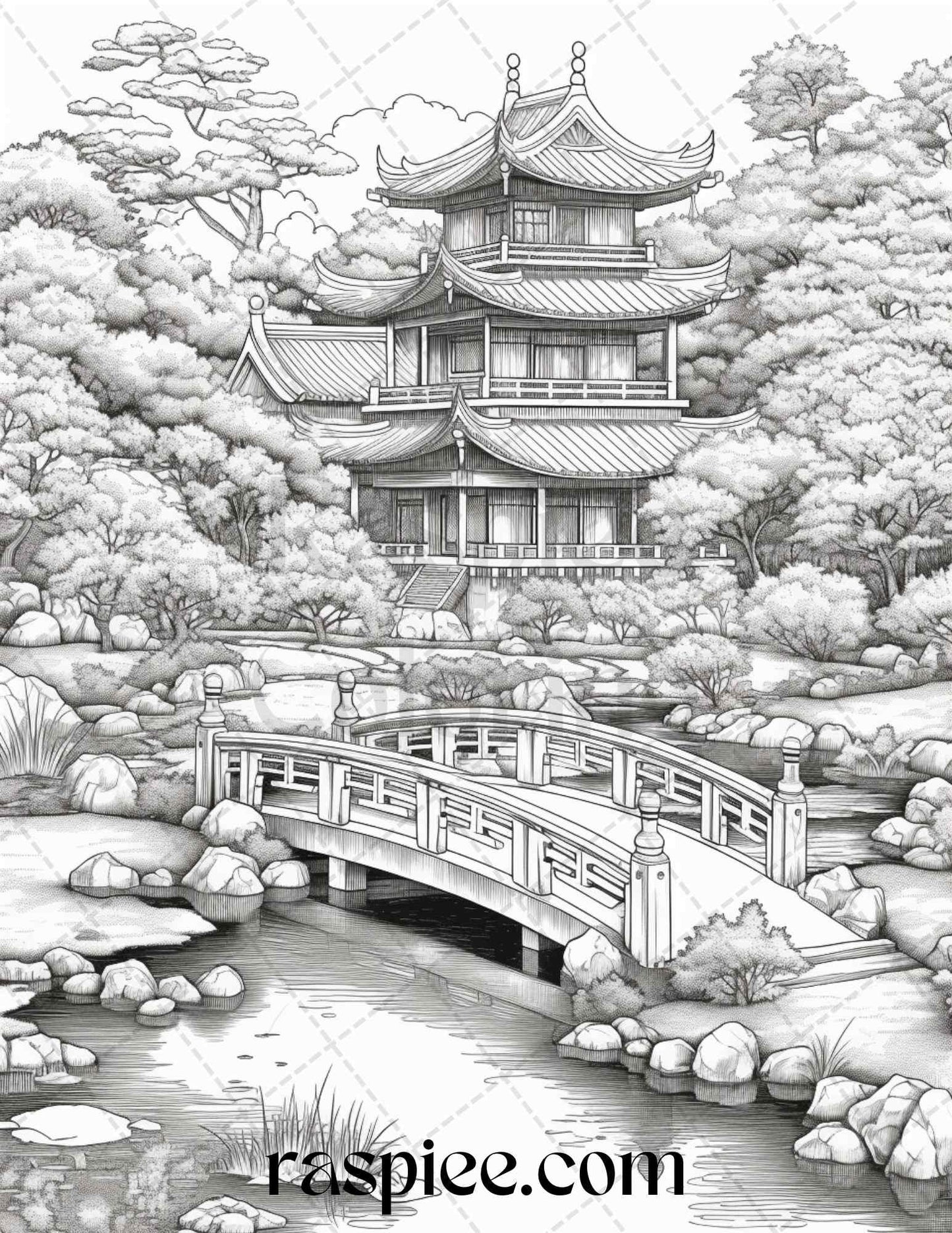 Japanese Garden Grayscale Coloring Pages Printable for Adults, PDF File Instant Download