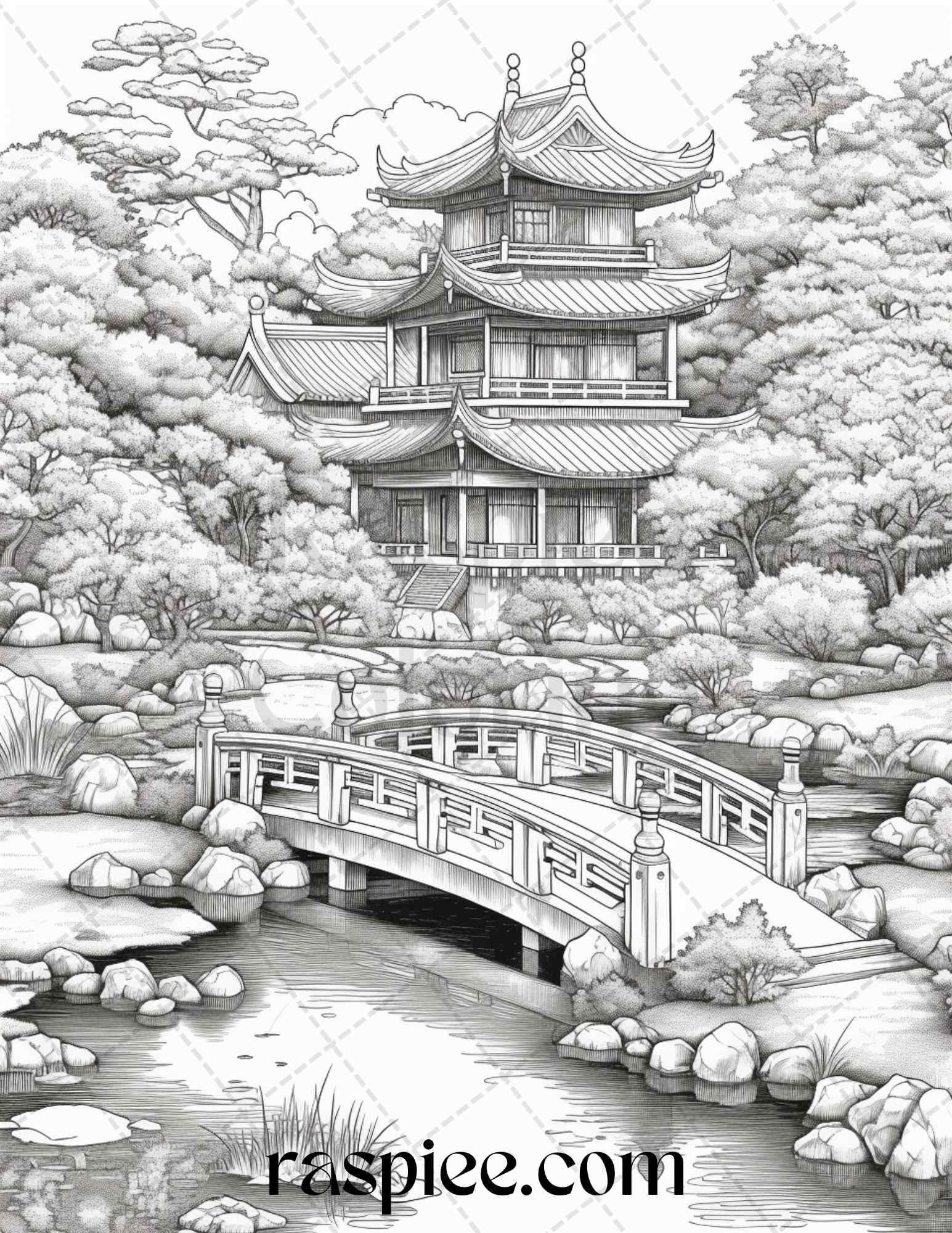 Japanese Garden Grayscale Coloring Pages Printable for Adults, PDF File Instant Download