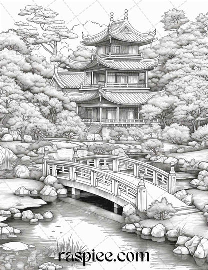 Japanese Garden Grayscale Coloring Pages Printable for Adults, PDF File Instant Download