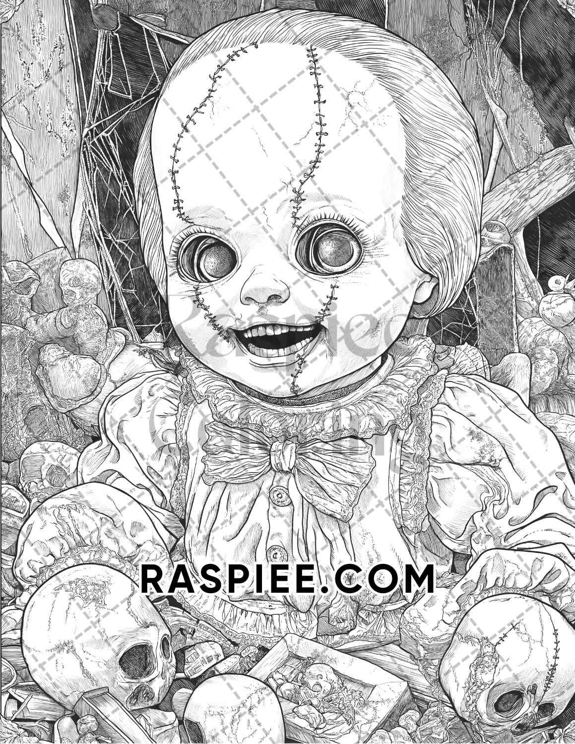 Haunted Dolls Halloween Horror Adult Coloring Pages Printable PDF Instant Download