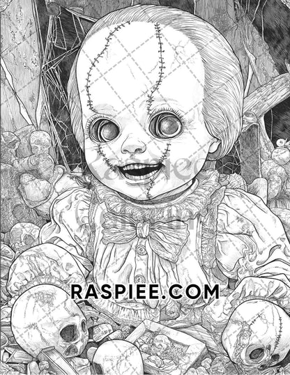 Haunted Dolls Halloween Horror Adult Coloring Pages Printable PDF Instant Download