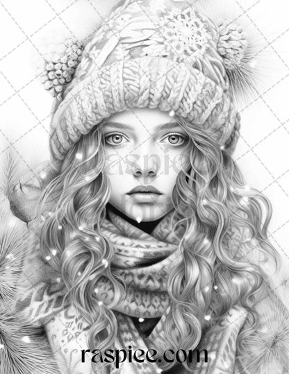 60 Beautiful Winter Girls Grayscale Coloring Pages Printable for Adults, PDF File Instant Download