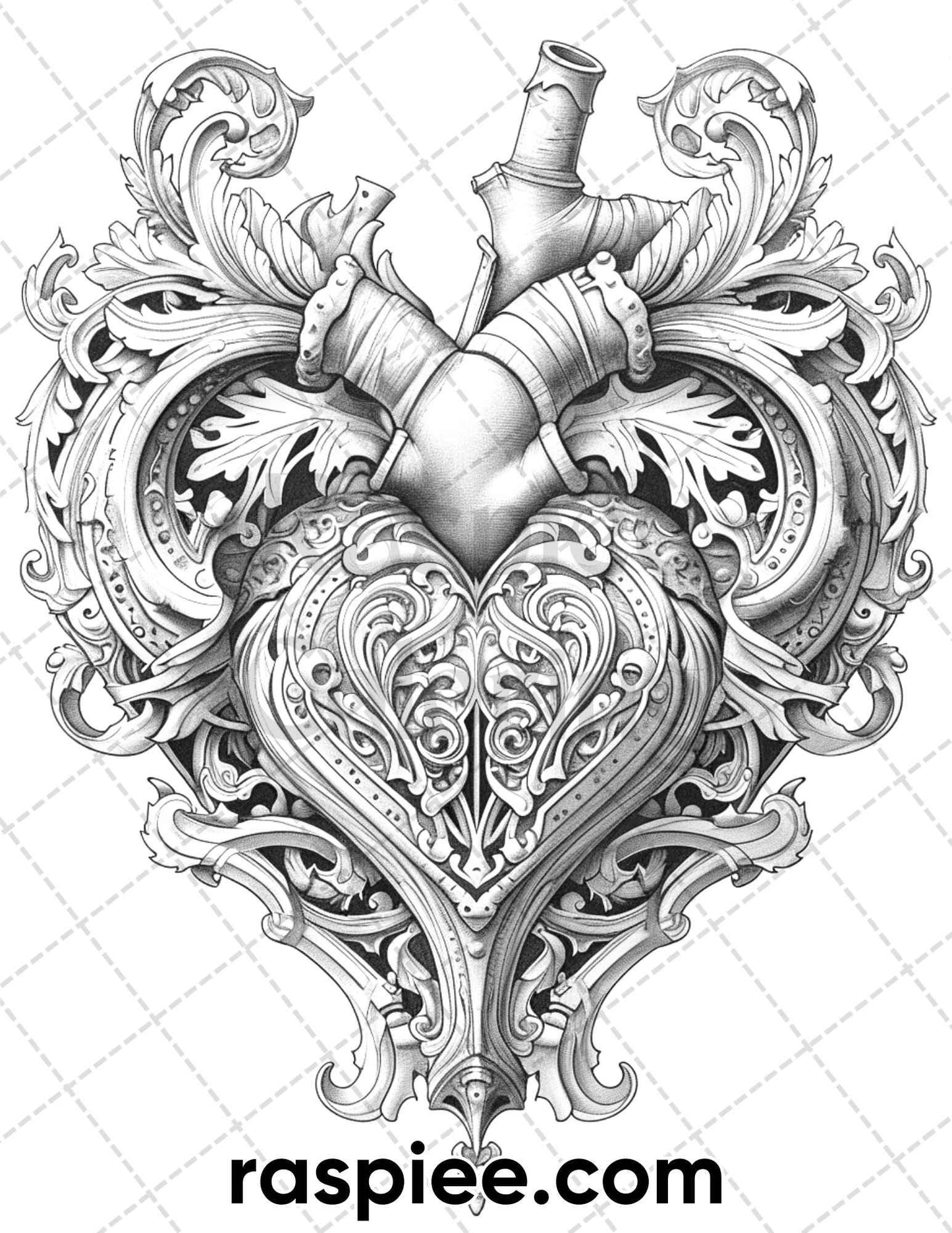 55 Gothic Valentines Day Grayscale Adult Coloring Pages, Printable PDF Instant Download