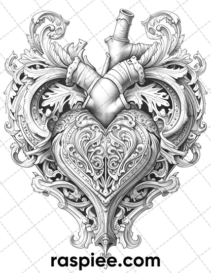 55 Gothic Valentines Day Grayscale Adult Coloring Pages, Printable PDF Instant Download