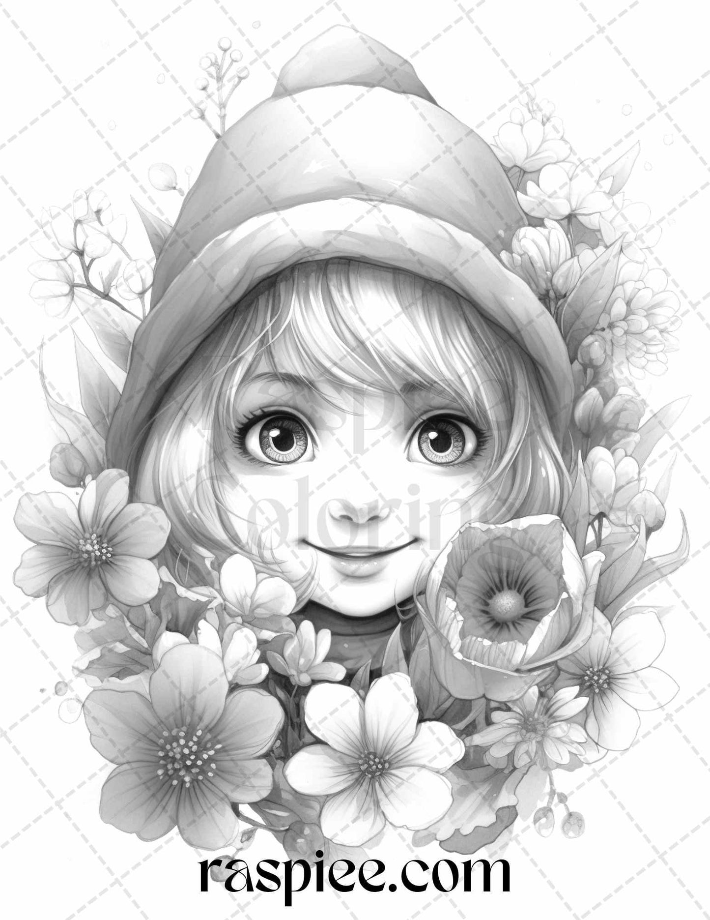 50 Flower Gnomes Grayscale Coloring Pages Printable for Adults Kids, PDF File Instant Download