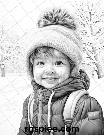 50 Baby Winter Portrait Grayscale Coloring Pages Printable for Adults, PDF File Instant Download