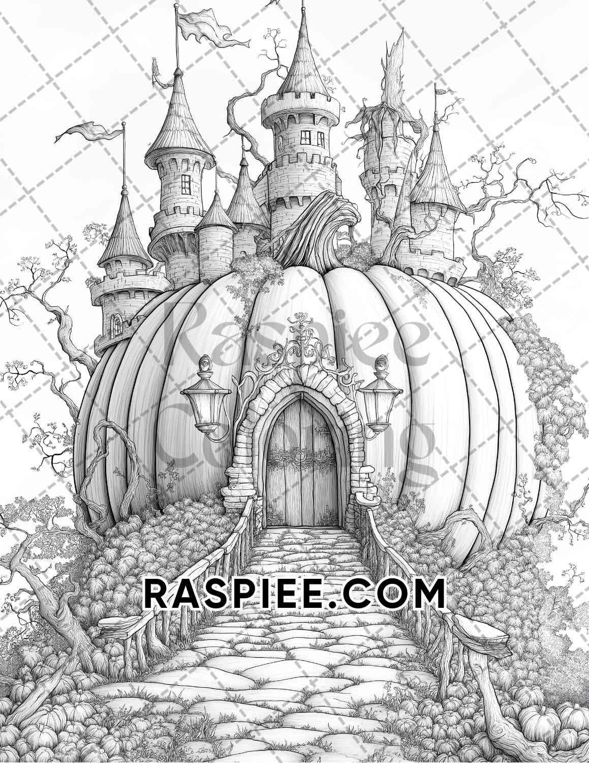 Fantasy Giant Pumpkin Castles Adult Coloring Pages Printable PDF Instant Download