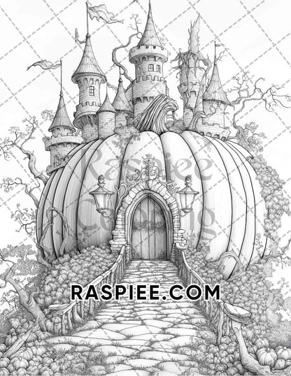 Fantasy Giant Pumpkin Castles Adult Coloring Pages Printable PDF Instant Download