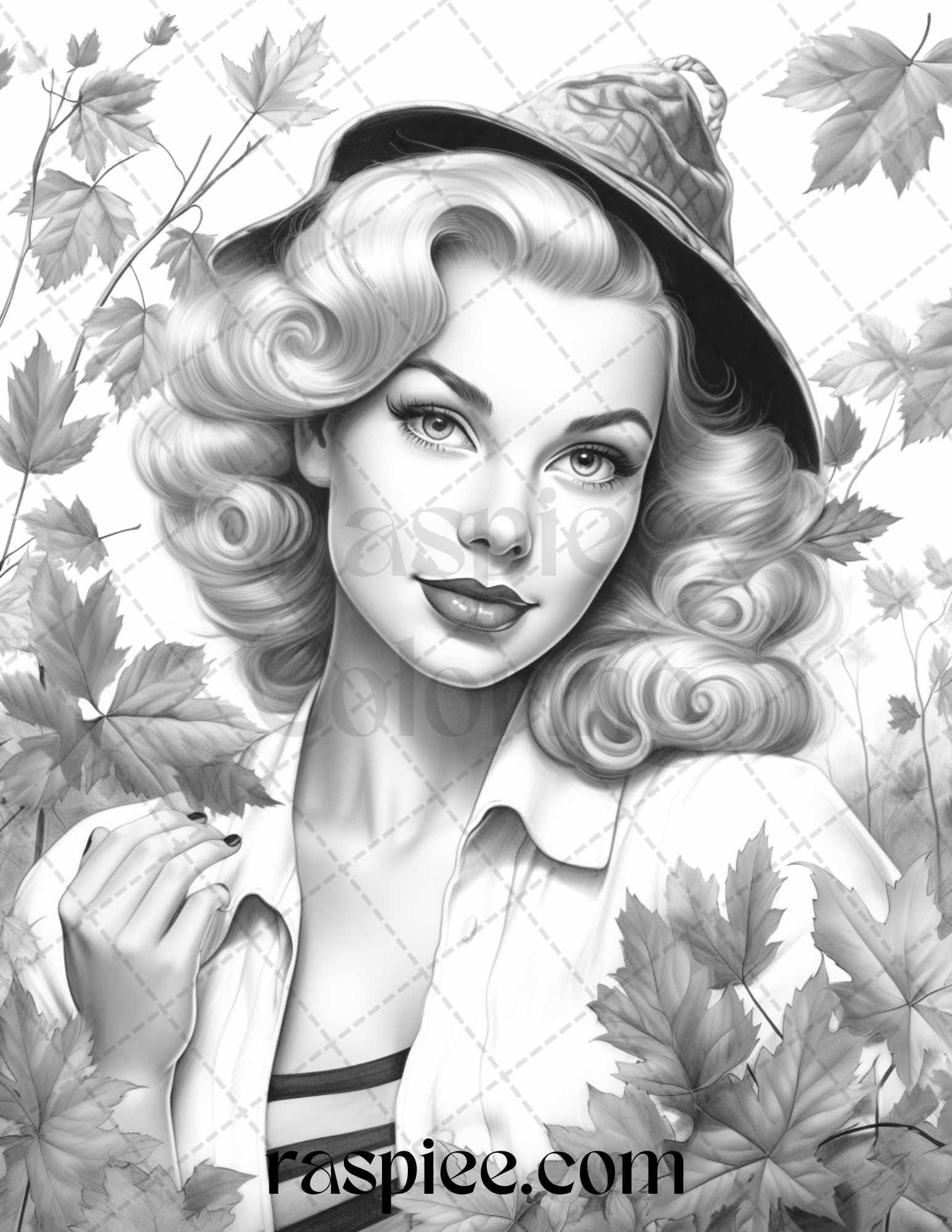 55 Autumn Pin Up Girls Grayscale Coloring Pages Printable for Adults, PDF File Instant Download