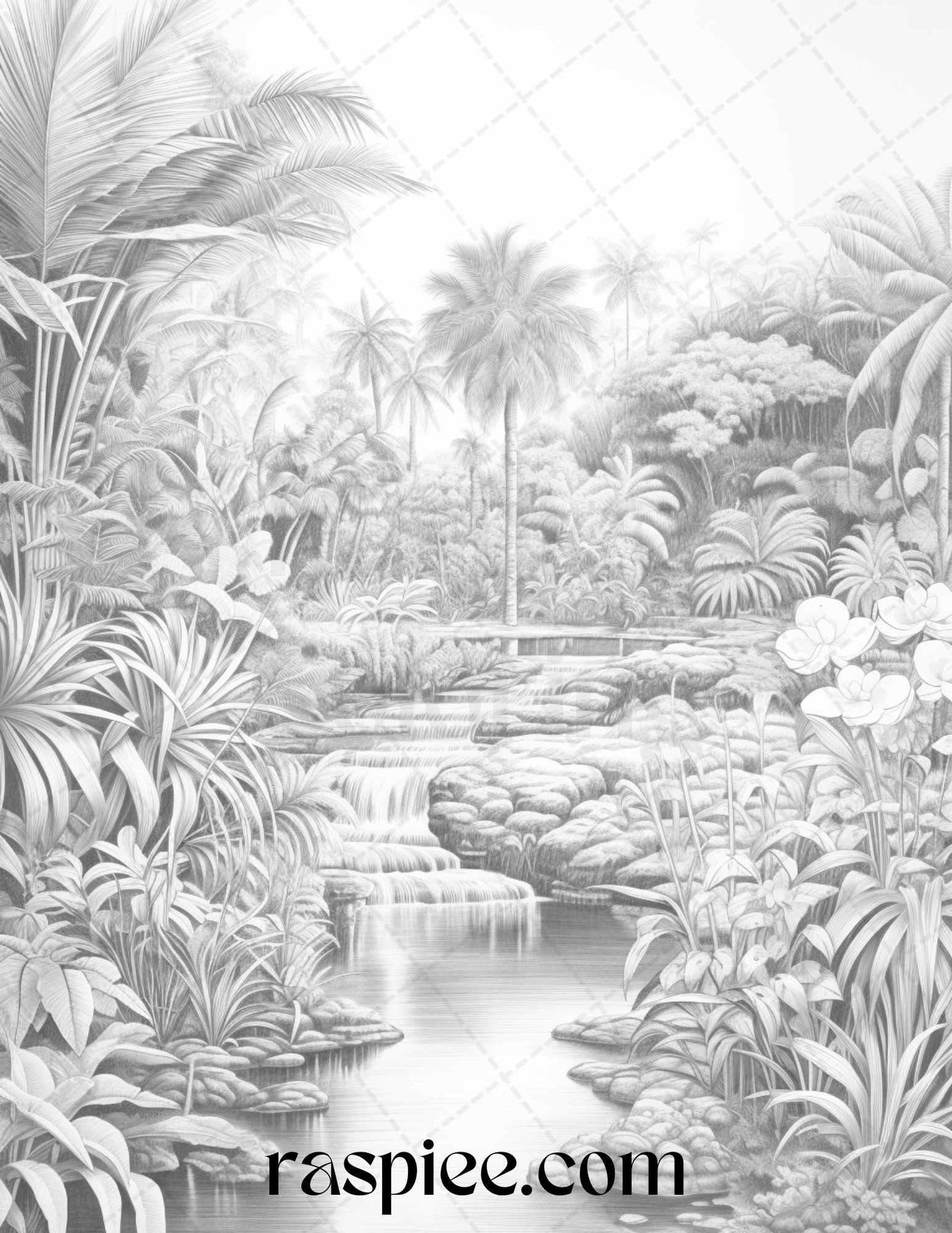 52 Tropical Oasis Grayscale Coloring Pages Printable for Adults, PDF File Instant Download